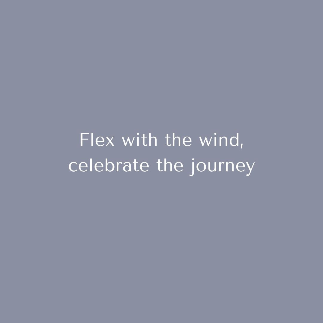 A graphic with white text that read "flex wit the wind, celebrate the journey"
