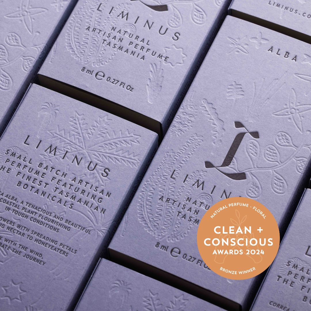 box of alba perfume displaying the bronze clean and conscious award rosette for 2024 credit Jesse Hunniford